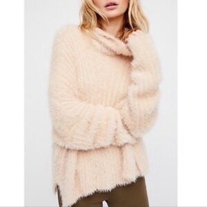 Free People Cream Dream Fuzzy Turtleneck Slouchy Knit Sweater Ivory Size Small